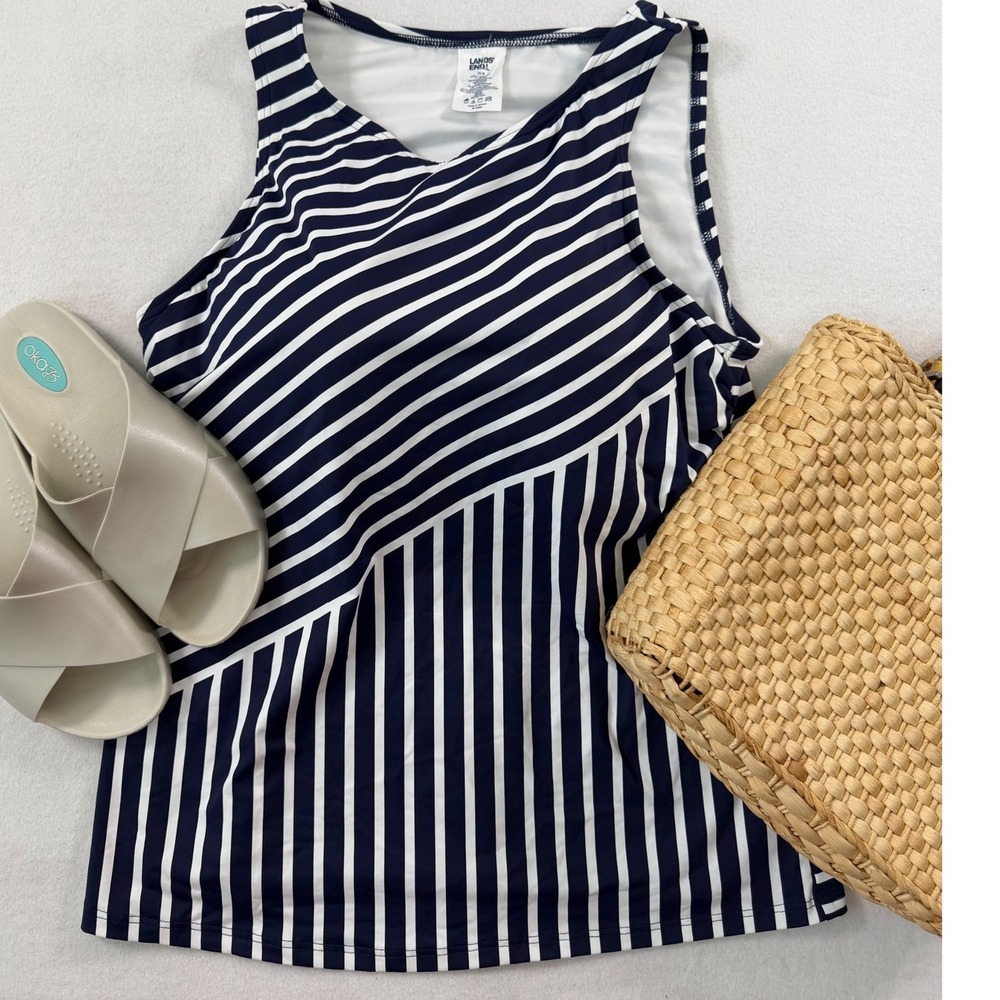 Lands End Navy Blue White Tankini Swim Top 14D Preppy Minimalist Old Money